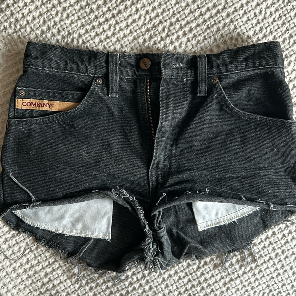 Black jean shorts, distressed, 4 pockets, “Great Western Garment Company” brand